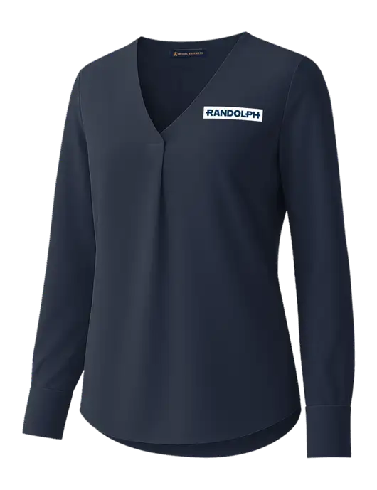 Brooks Brothers Womens Dark Navy Open-Neck Satin Blouse  w/Randolph Embroidered Logo