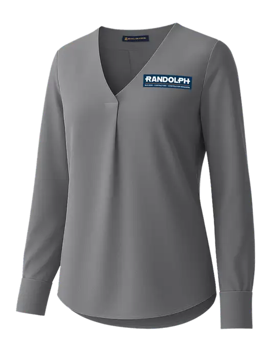 Brooks Brothers Womens Medium Grey Open-Neck Satin Blouse  w/Randolph Screen Print Logo