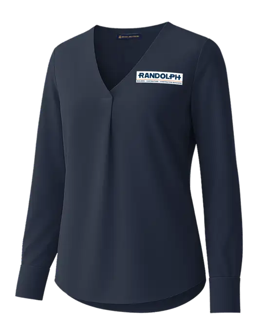 Brooks Brothers Womens Dark Navy Open-Neck Satin Blouse  w/Randolph Screen Print Logo